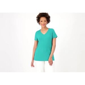Susan Graver Modern Essentials Teal V-Neck Liquid Knit Tee Shirt XS